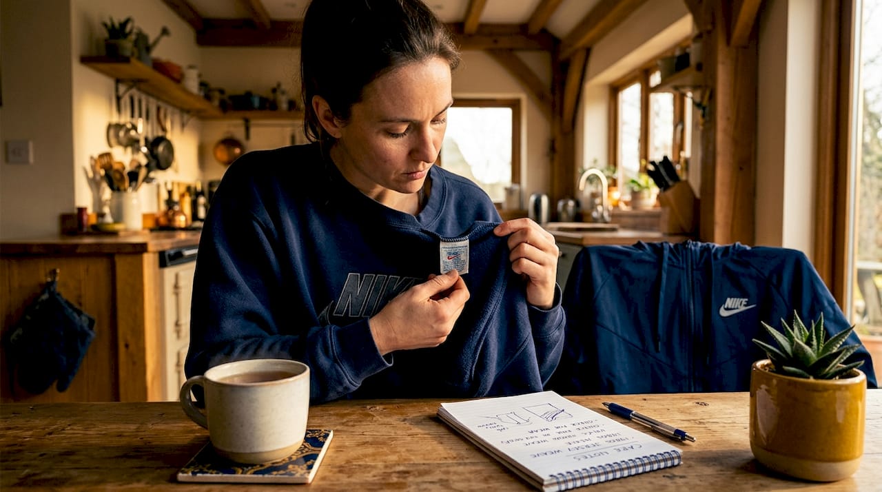 Woman examines Nike sweatshirt tag at table