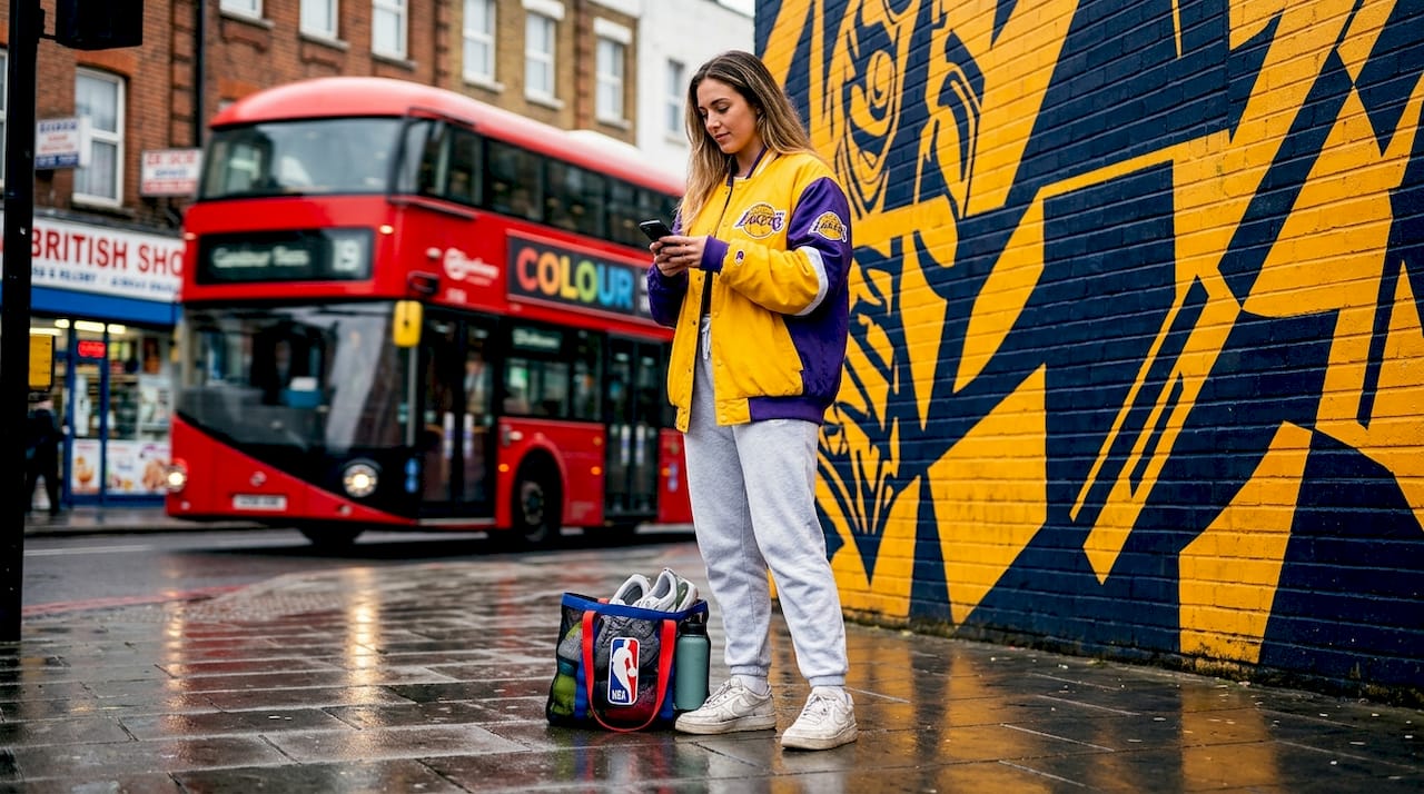 Woman in Lakers jacket at London bus stop