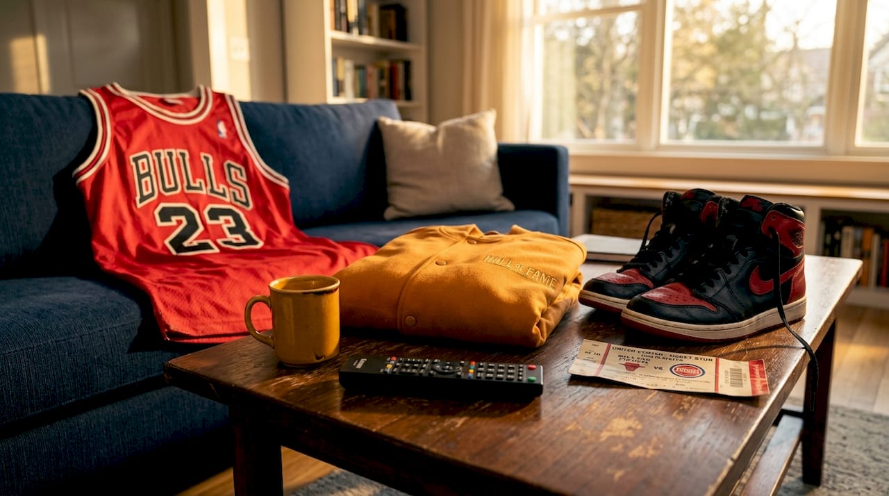 Hall of Famer jerseys and memorabilia on table