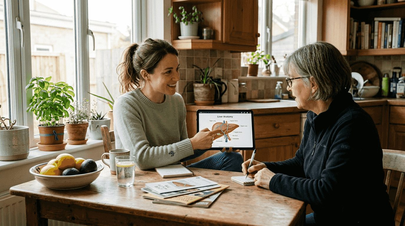 Dietitian consulting about liver health at kitchen table