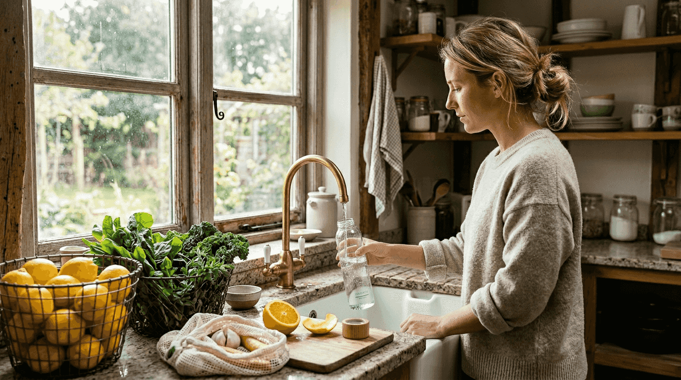 Woman preparing detox water in sunlit kitchen