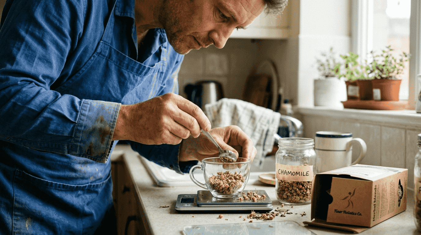 Man measuring dried chamomile for tea