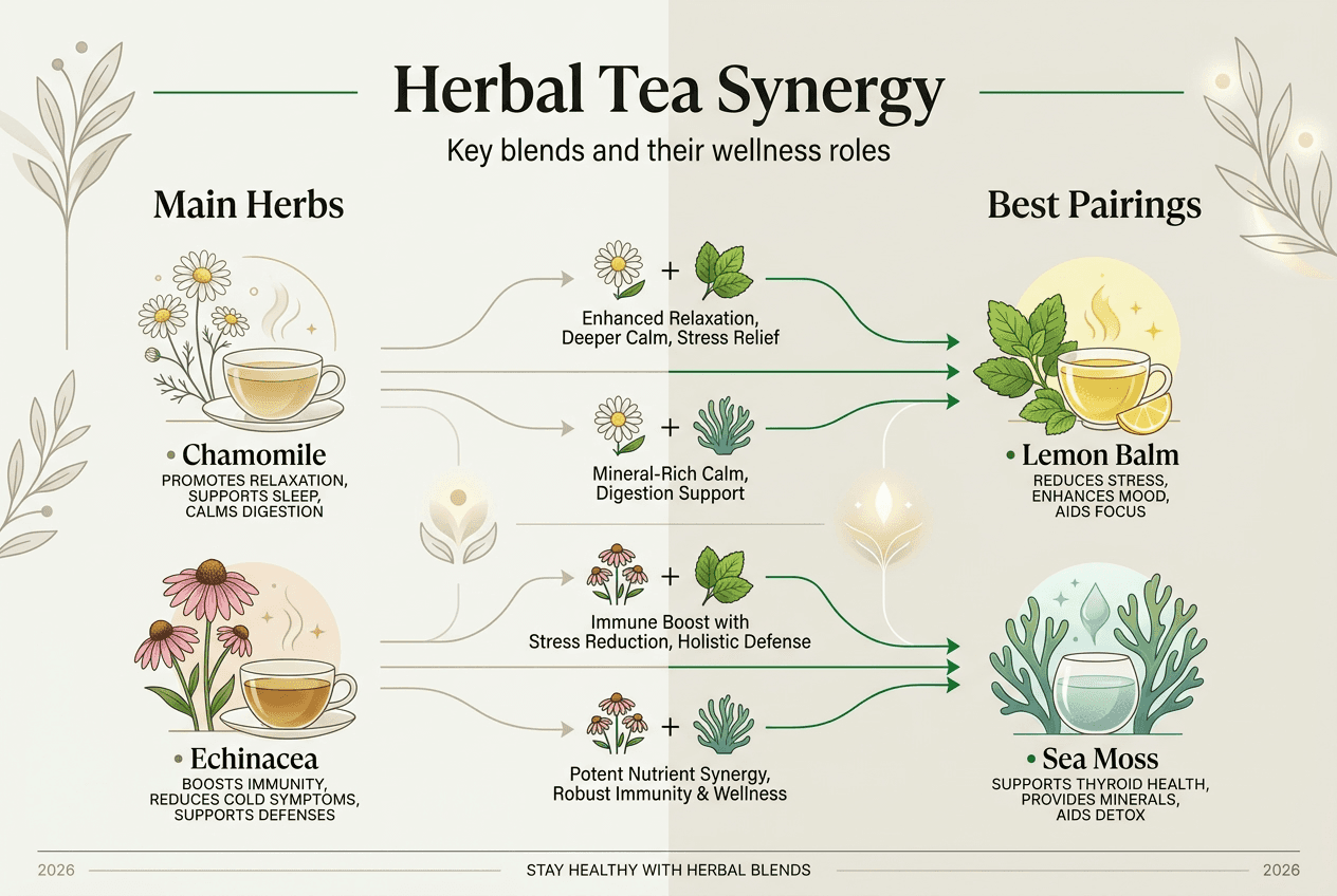 Infographic showing herbal tea blends and benefits