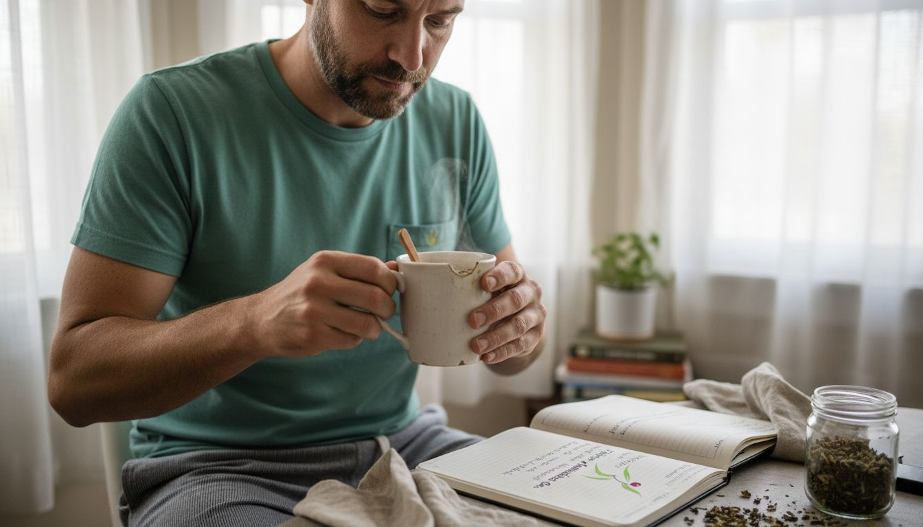 Man stirring herbal tea in morning