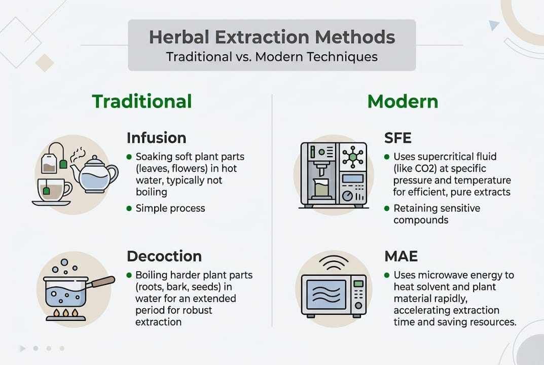Infographic compares traditional and modern herbal extraction