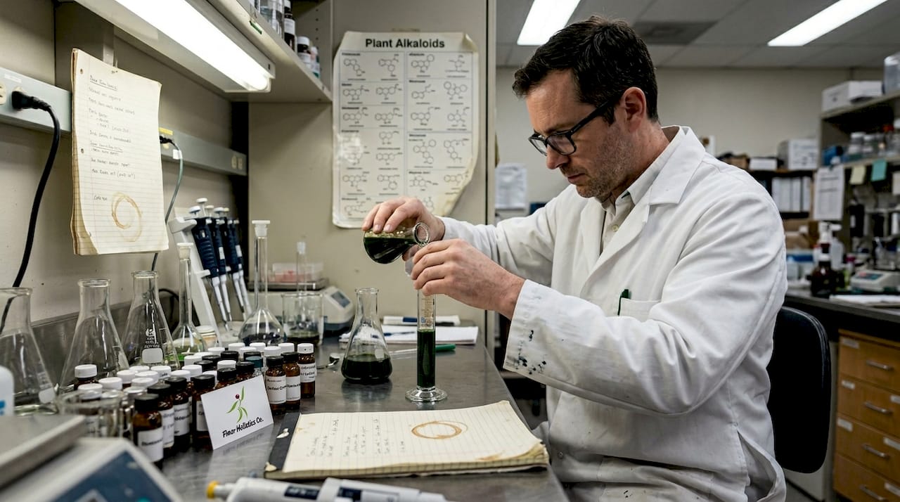 Scientist preparing herbal extract at lab counter