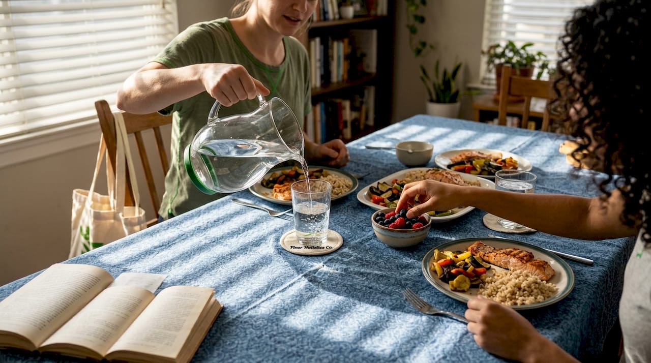 Friends sharing whole foods at a table