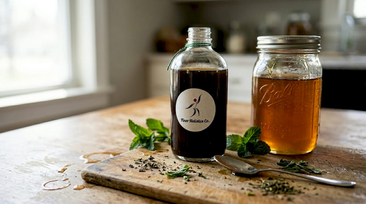 Herbal elixir bottle with honey and herbs