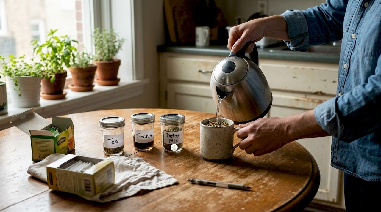 Herbal remedy jars and tea mug on table