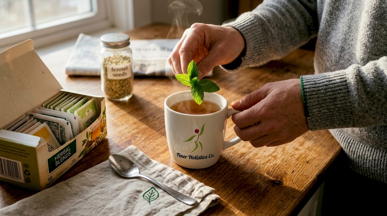 Hands preparing peppermint tea on kitchen table