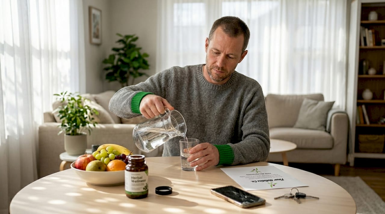 Man follows detox checklist with supplements and water