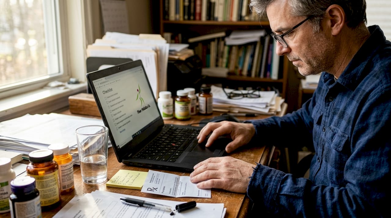 Man preparing herbal cleanse checklist at desk