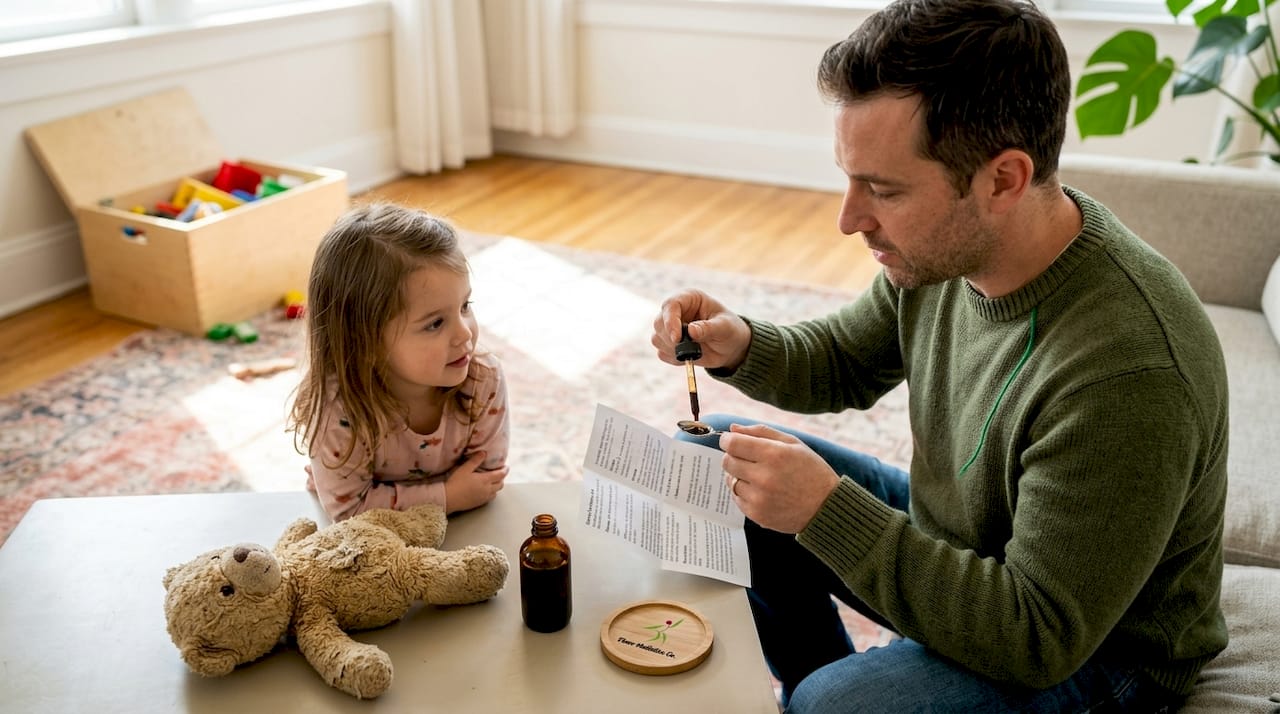 Parent measuring herbal syrup for child