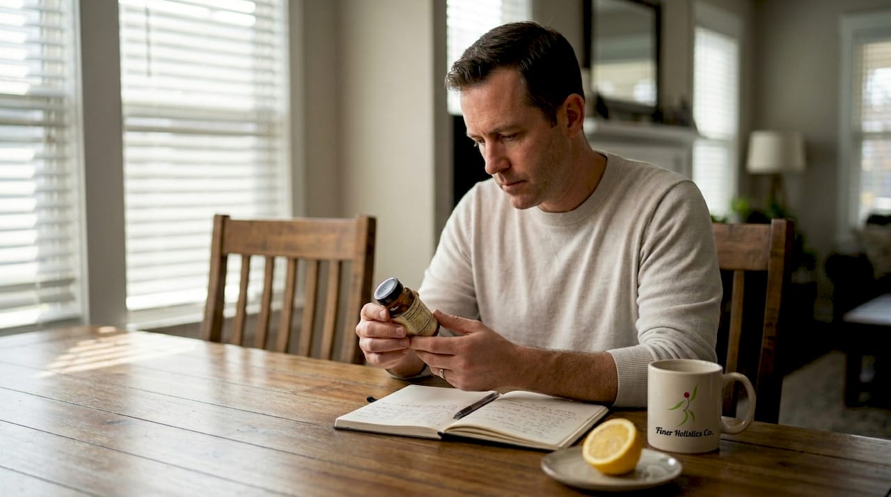 Man reviews herbal supplement at dining table