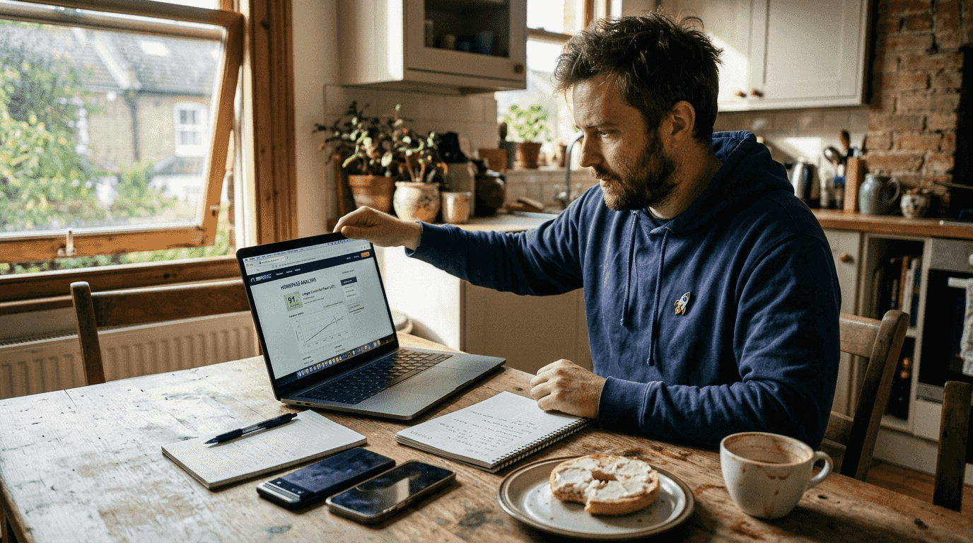 Web developer auditing site speed at kitchen table