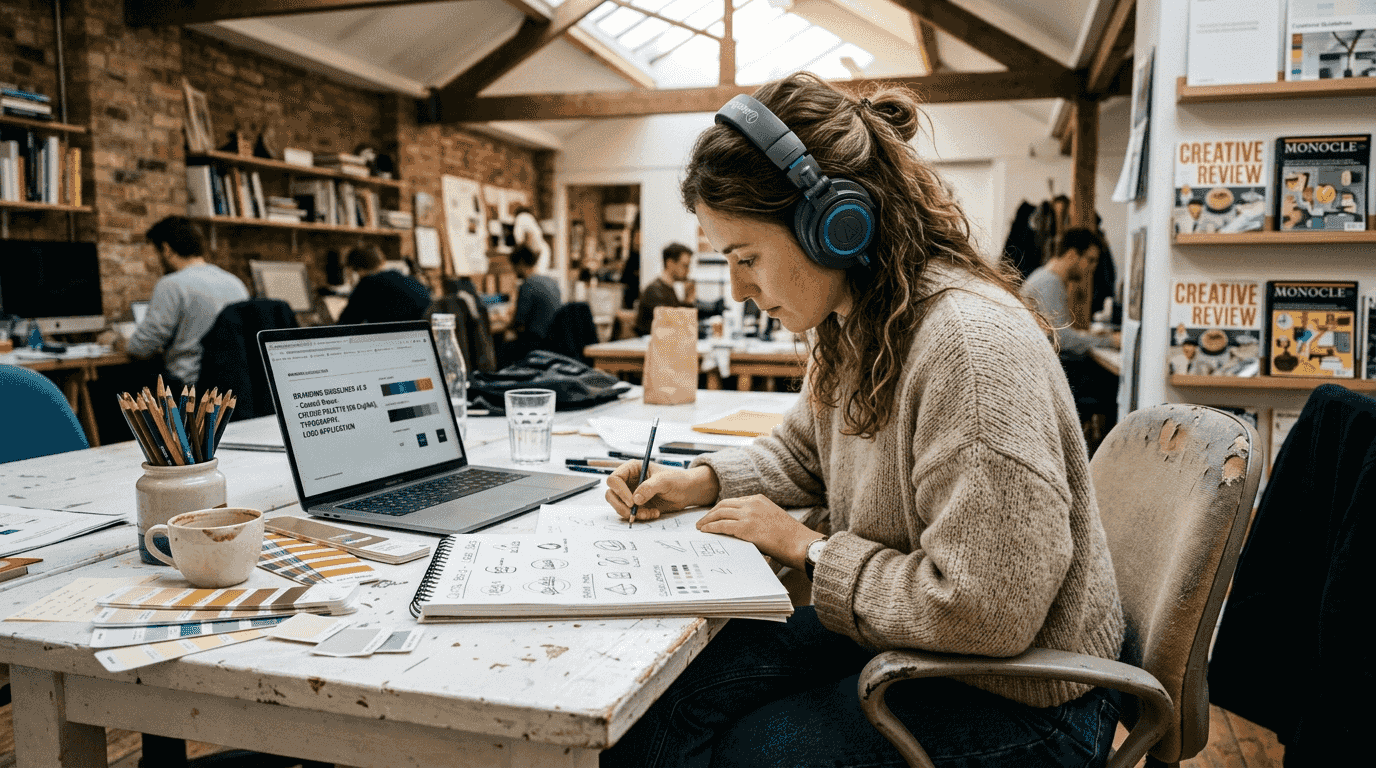 Designer brainstorming branding visuals at workspace