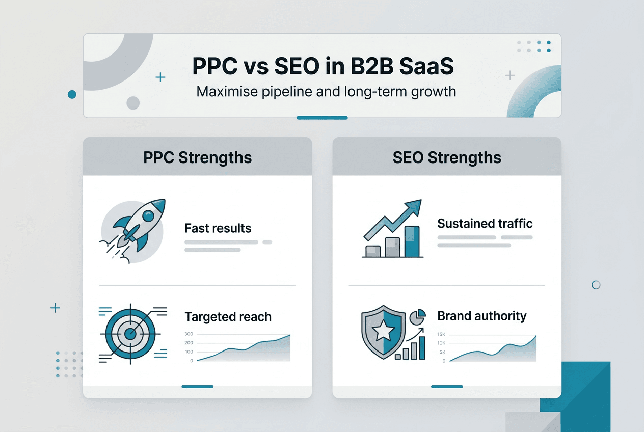 Infographic comparing PPC and SEO strengths