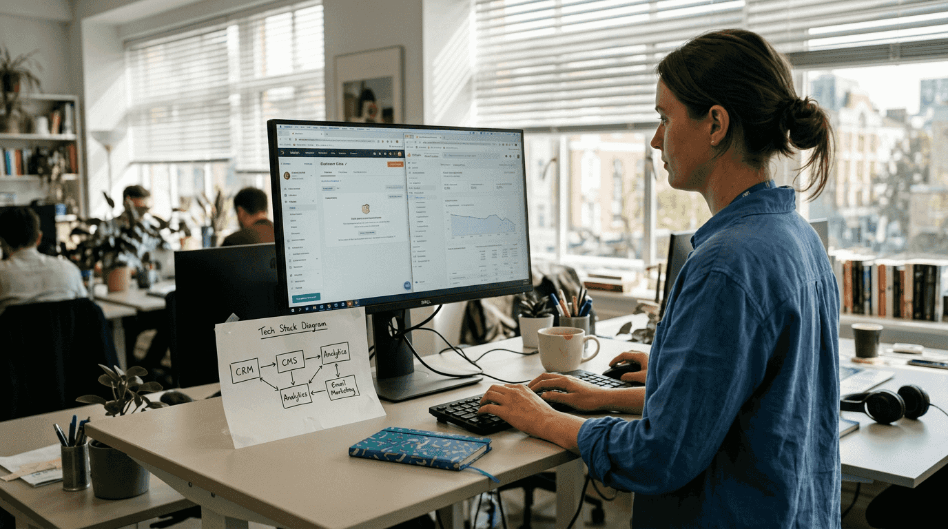 SaaS manager at desk with tech stack dashboards