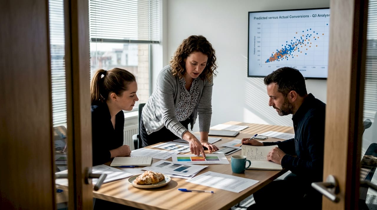 Team analyzing lead scoring data in meeting