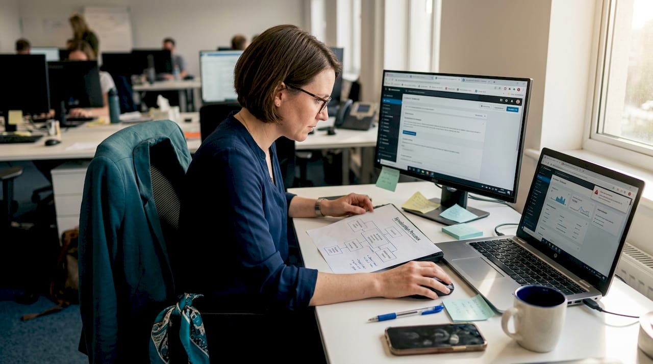 Marketer reviews syndication process at desk