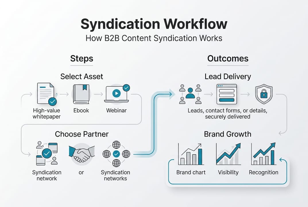 Infographic of B2B syndication workflow steps and outcomes