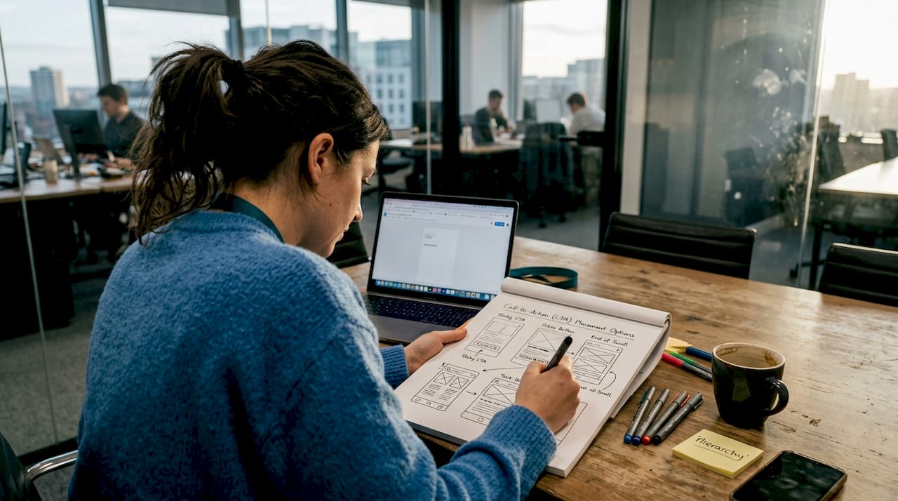 UX designer sketching website visual hierarchy