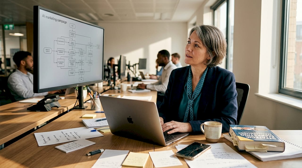 Senior marketer reviewing AI campaign dashboard