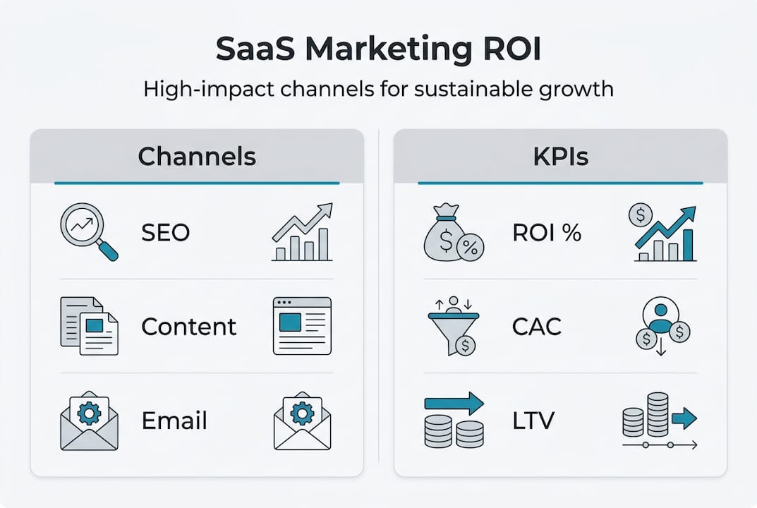 Infographic with SaaS marketing channels and key KPIs