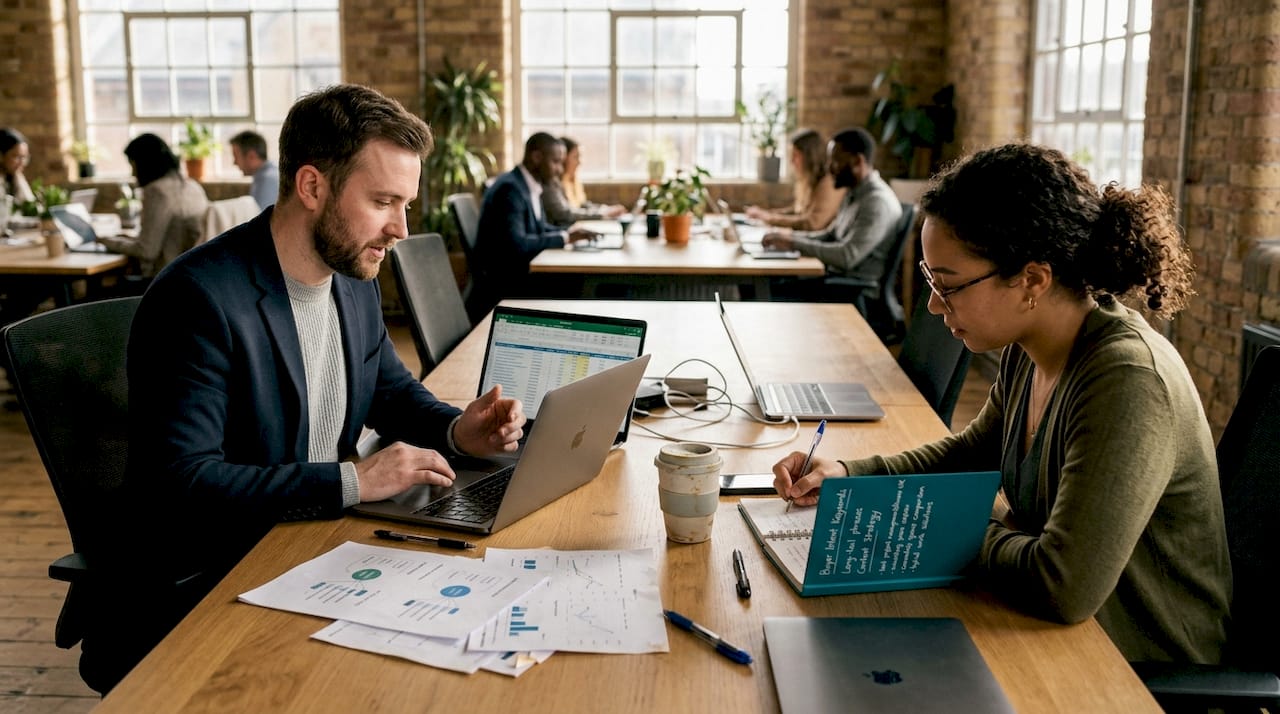 Team researching SEO keywords collaboratively