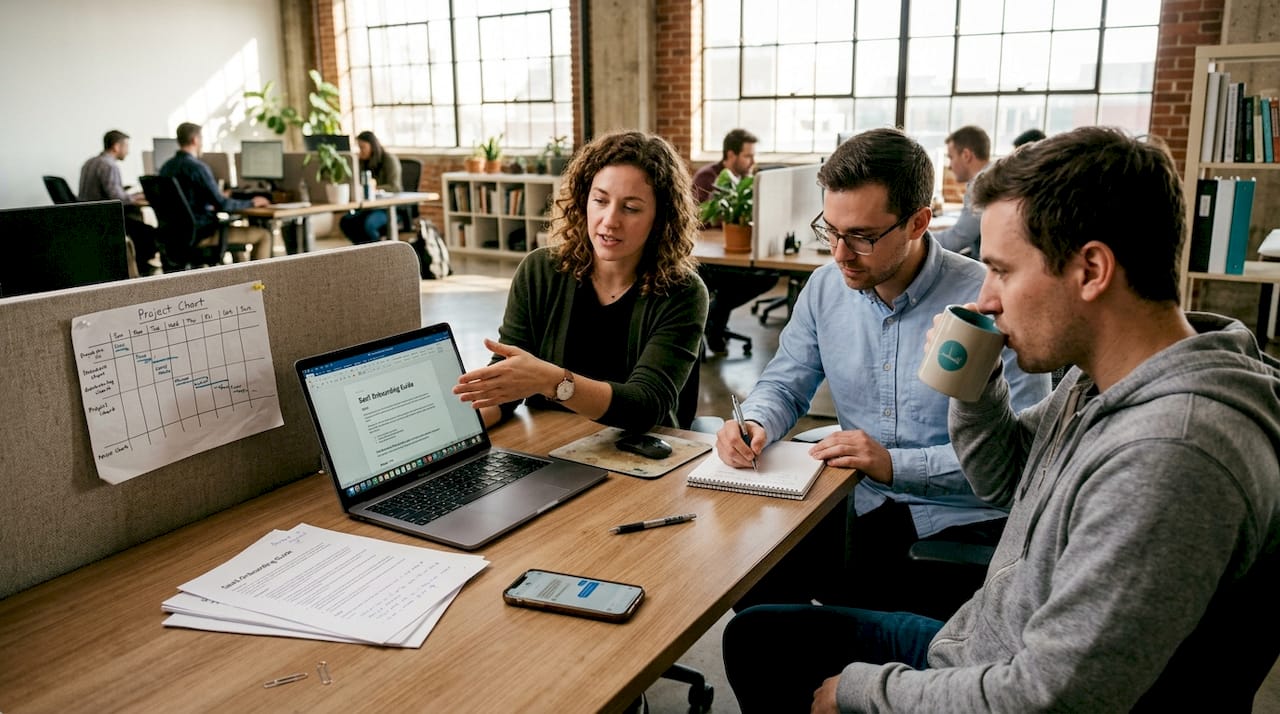 Team discussing SaaS marketing guide draft