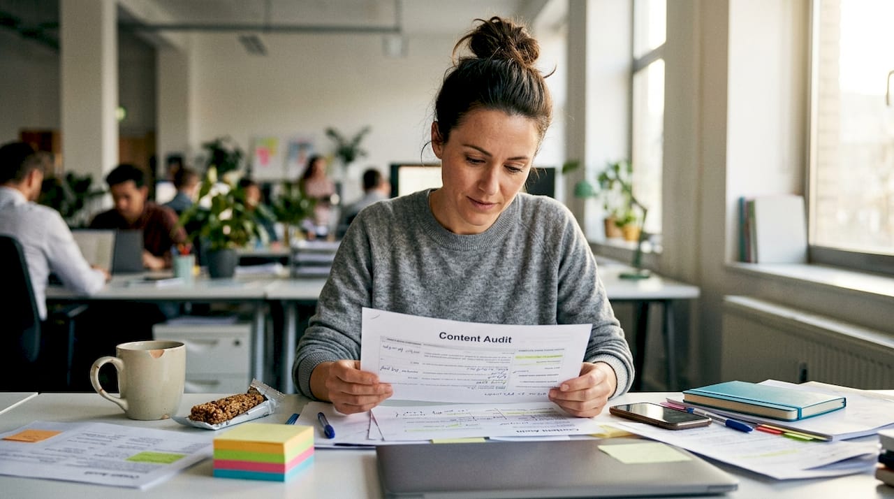 Marketer reviewing printout for content audit