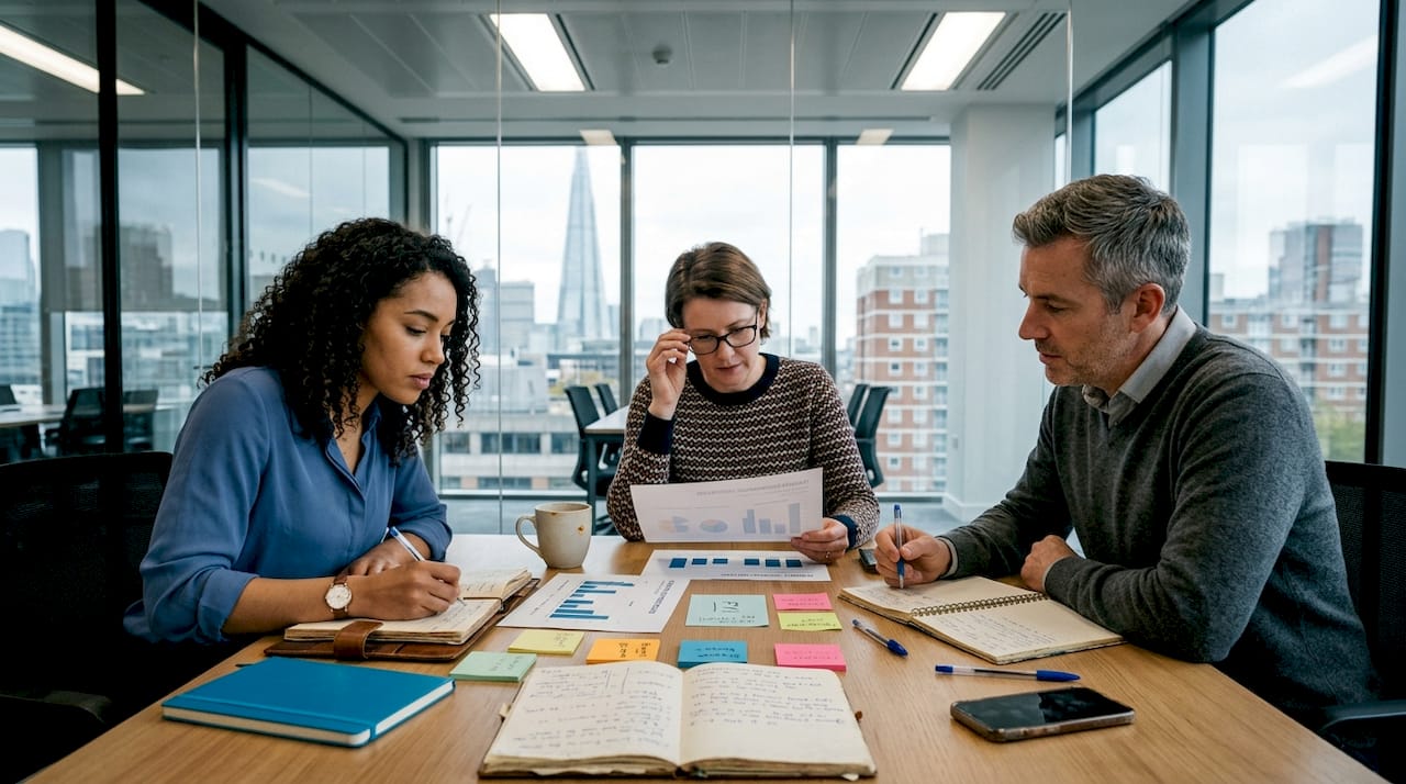 Team discusses charts at meeting table