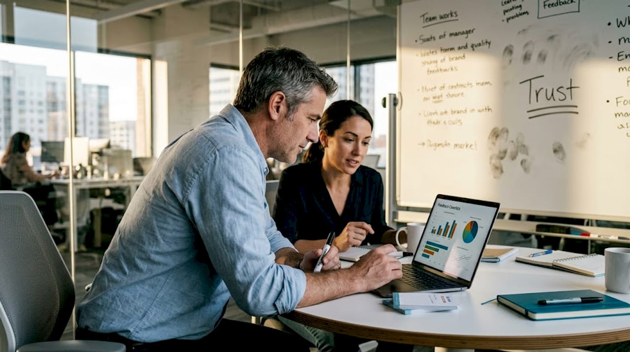 Brand manager reviewing trust feedback in meeting