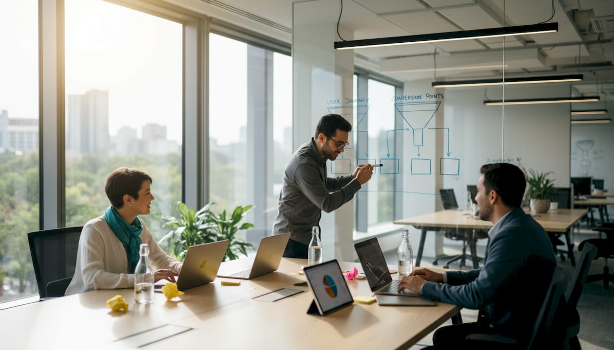 Team reviewing funnel on glass whiteboard