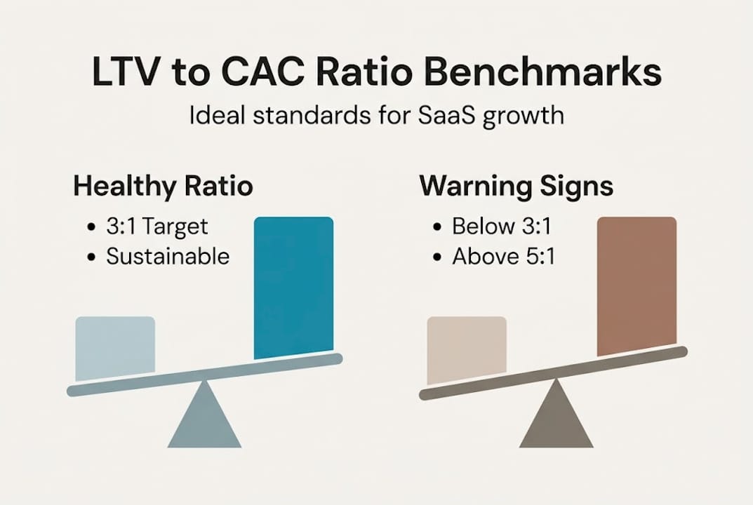Infographic showing LTV to CAC ratio benchmarks