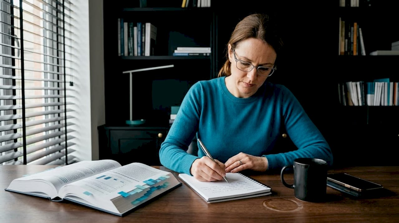 Business analyst calculating LTV with notebook and textbook