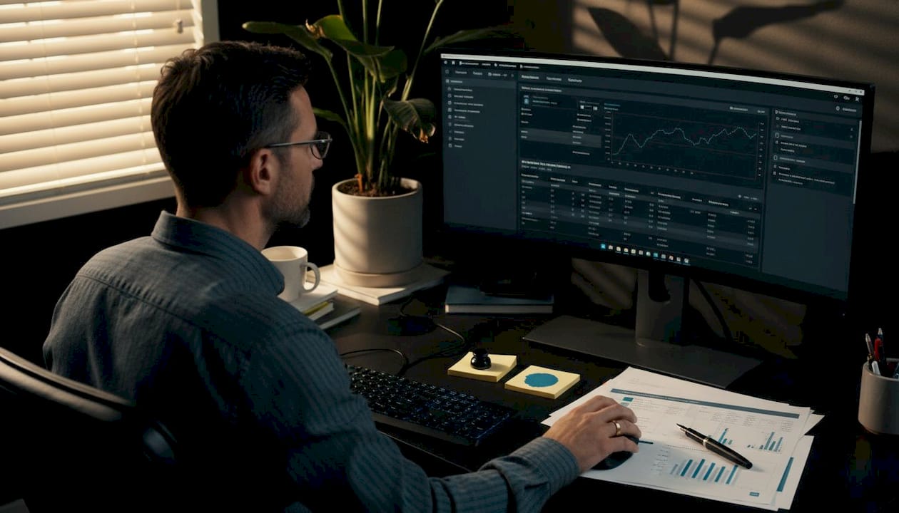 Operations manager reviews CRM reports at home