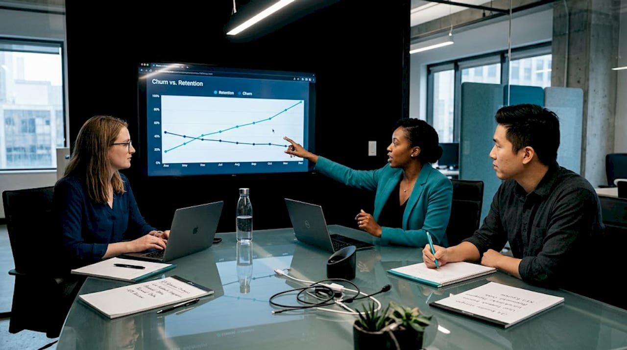 SaaS team meeting about customer retention