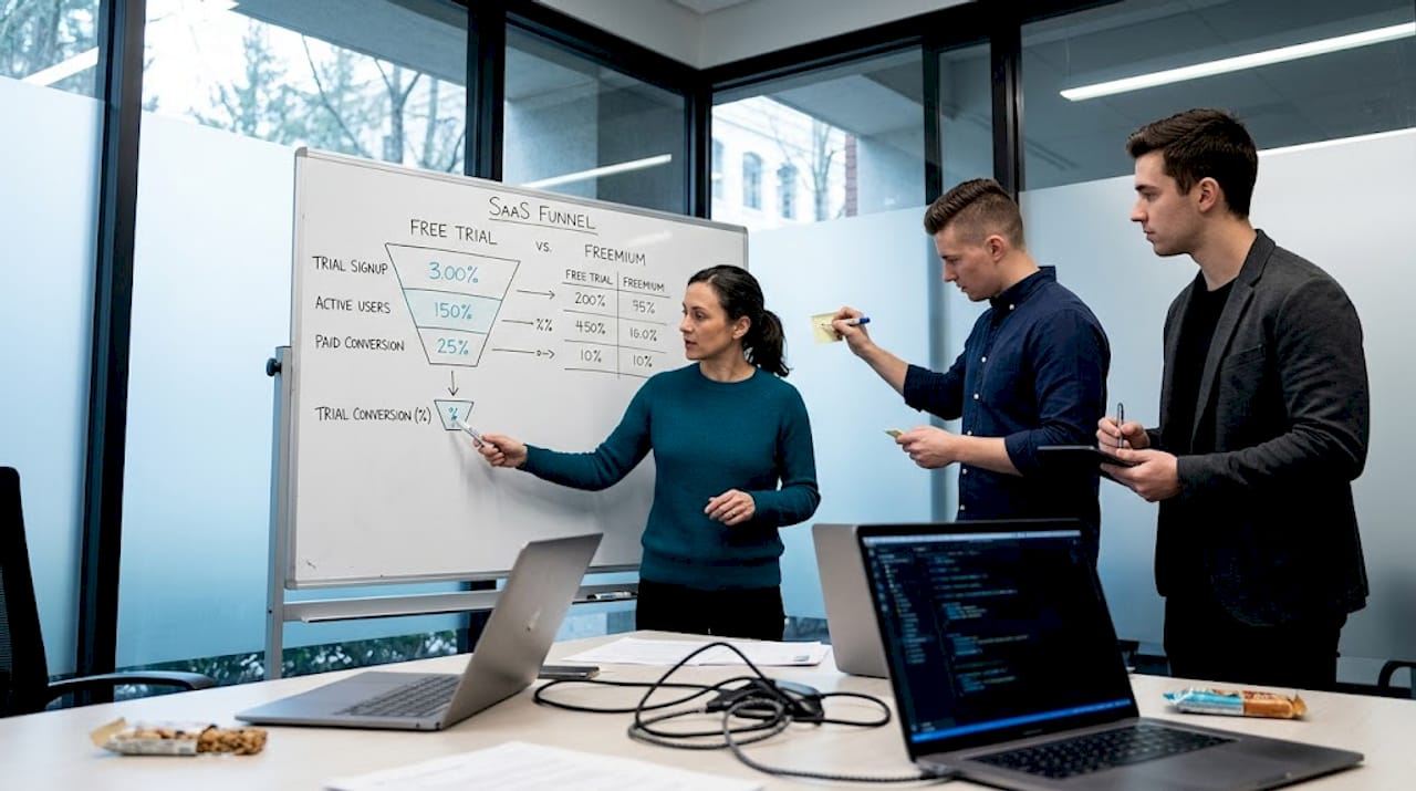 Startup team reviewing conversion funnel diagrams