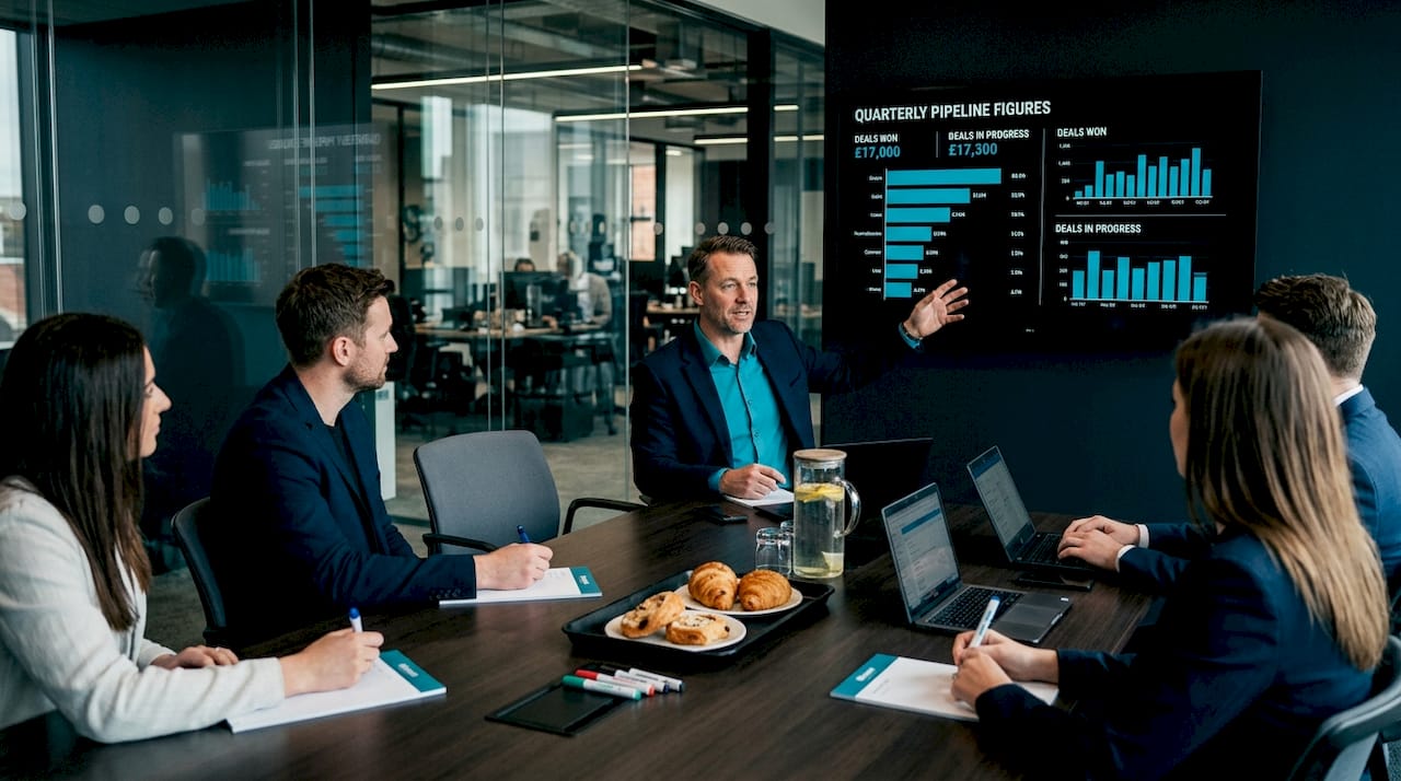 SaaS sales manager leading team meeting