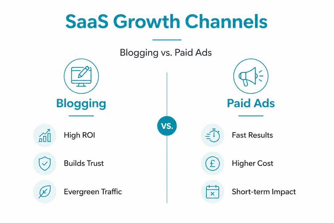 Infographic comparing blogging and paid ads for SaaS growth