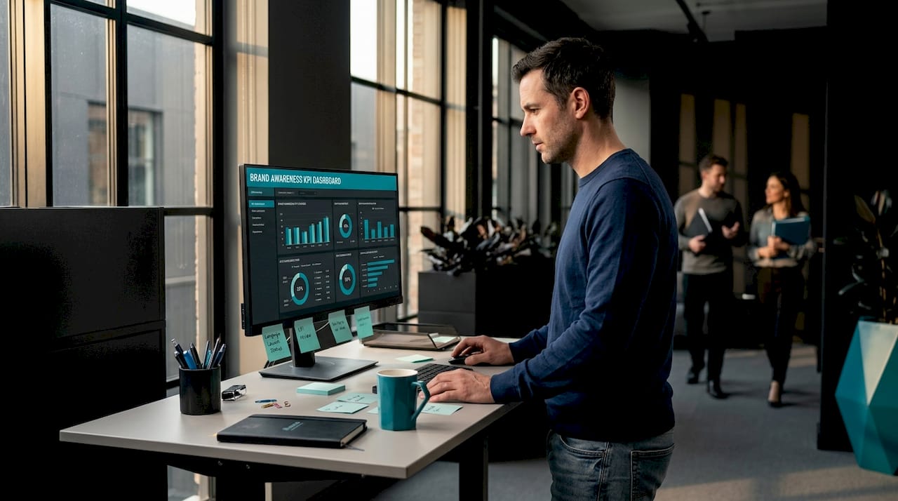 Manager tracking brand activation metrics at desk