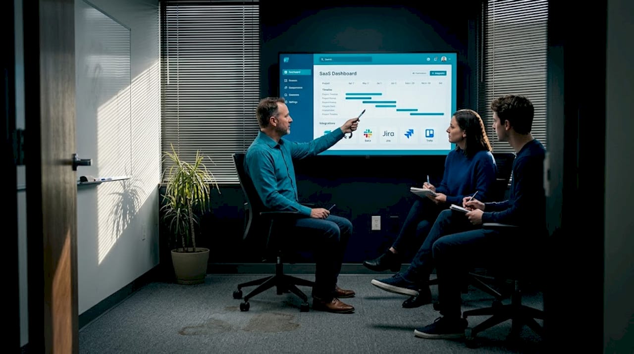 Team reviewing SaaS integration dashboard together