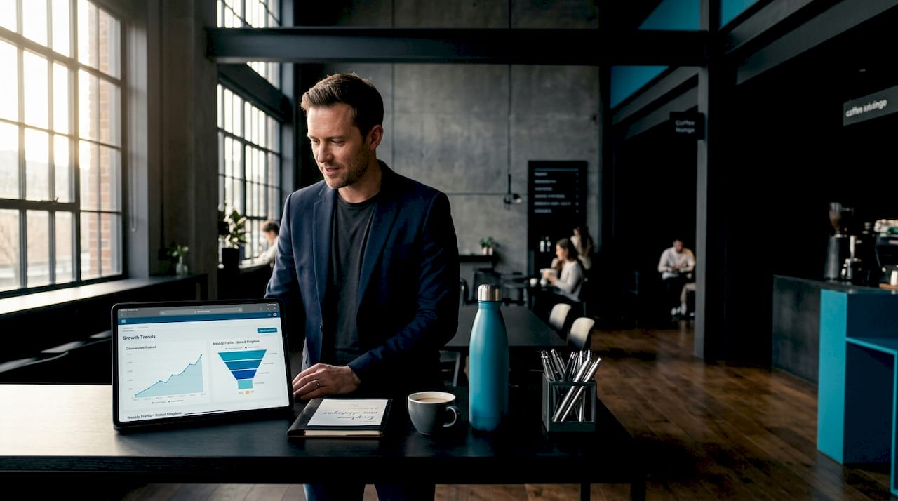 SaaS manager checking marketing analytics dashboard