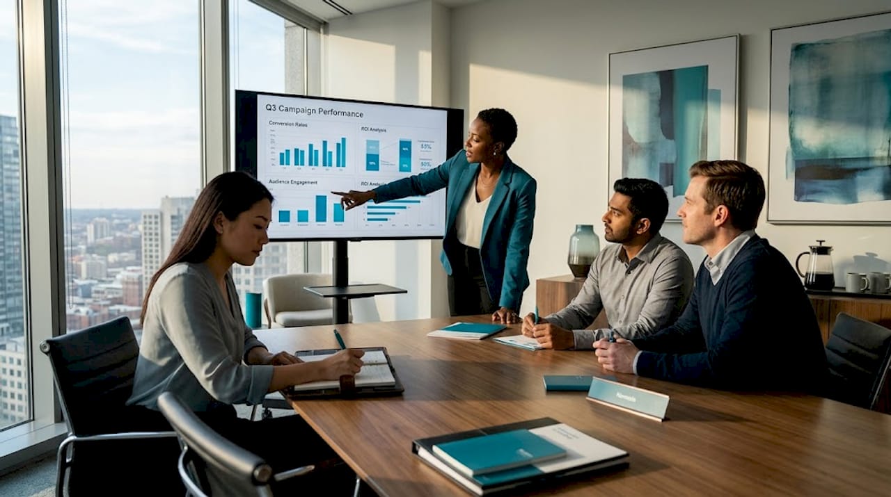 Marketing team reviewing campaign performance