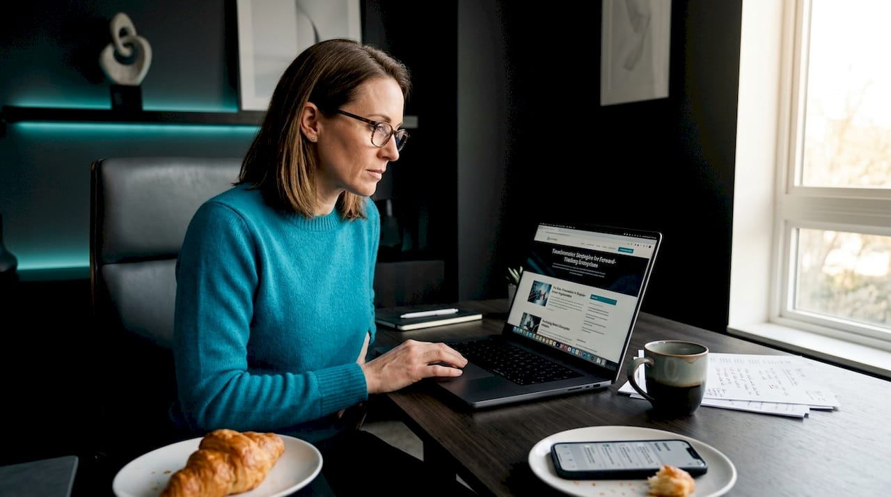 Businesswoman reading industry blog at kitchen table
