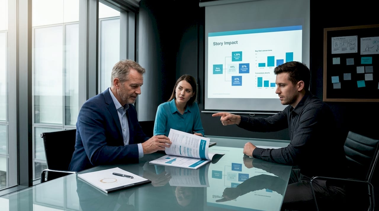 Business team discussing storytelling impact metrics