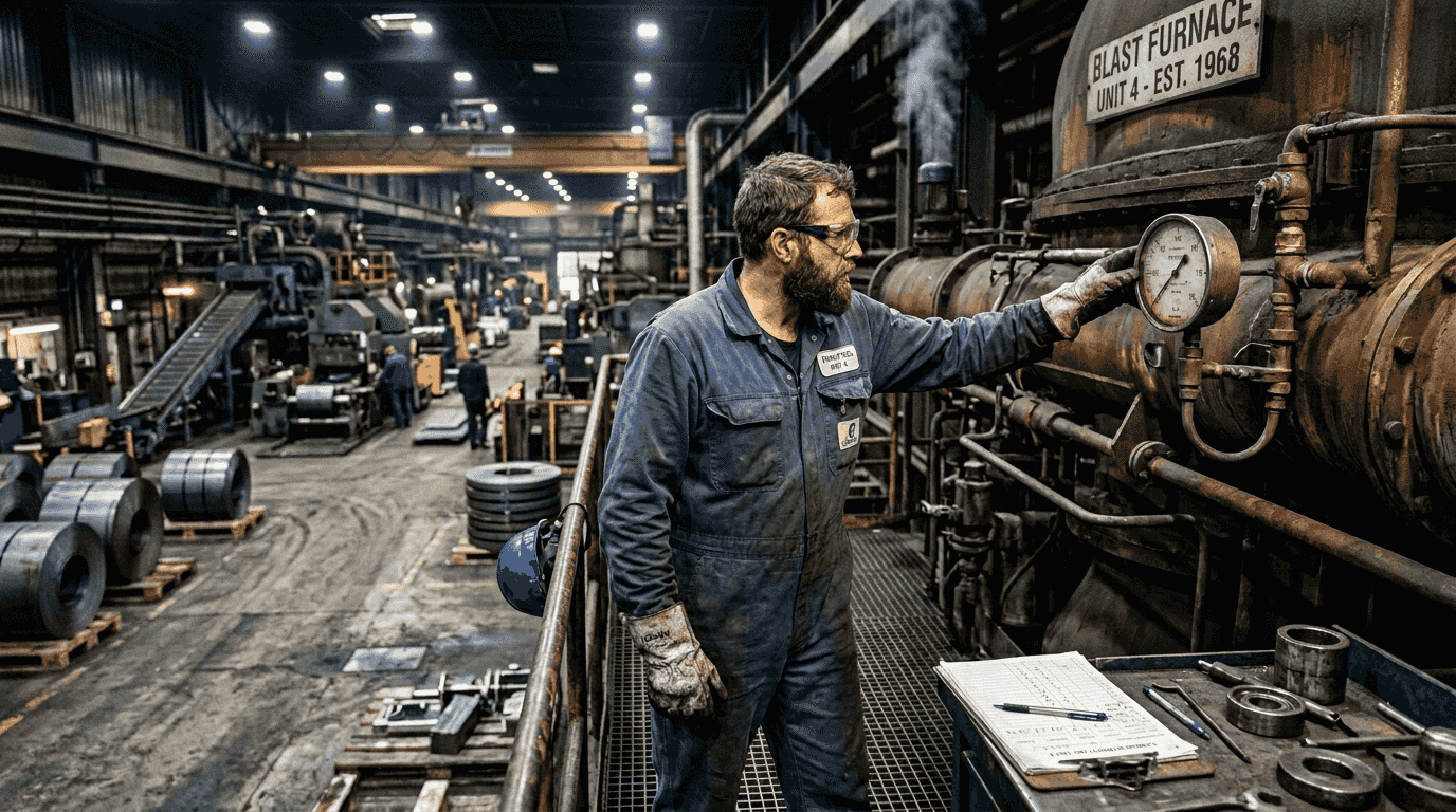 Technician monitoring steel furnace emissions process