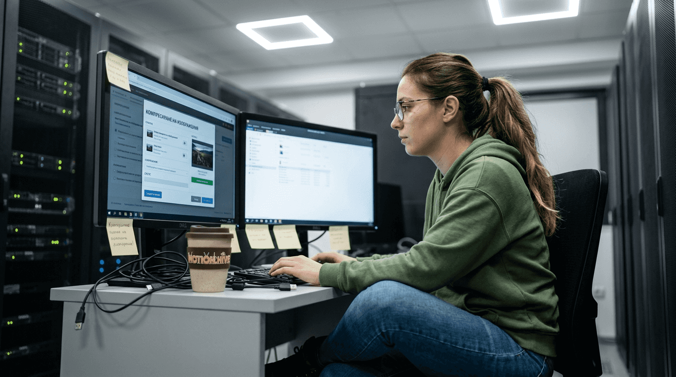 Специалист по уеб оптимизация работи върху подобряване на изображенията на сайта си пред компютъра.