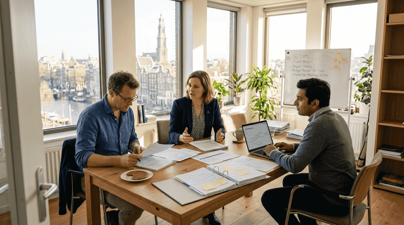 Dutch SME team reviewing ESG documents in office